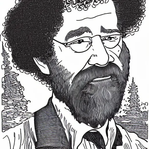 Prompt: bob ross in a portrait by line drawing robert crumb