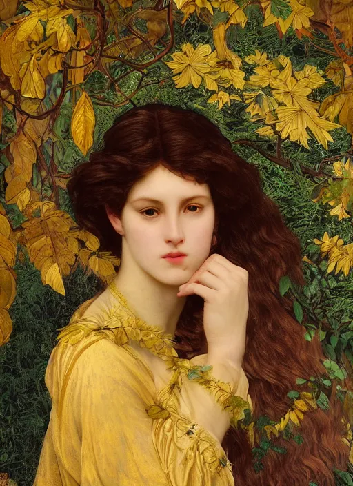 Image similar to masterpiece beautiful seductive flowing curves preraphaelite face portrait amongst leaves, extreme close up shot, straight bangs, thick set features, yellow ochre ornate medieval dress, raven, laying amongst foliage mushroom forest circle arch, frederic leighton and kilian eng and rosetti, 4 k