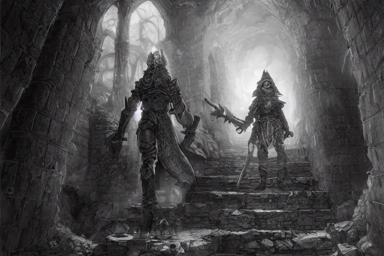 Image similar to black and white one point perspective dungeon cozy fantasy dungeon the stable gnome acolyte Kader asks you for help with the blade ghost,by artgerm and Craig Mullins, James Jean, Andrey Ryabovichev, Mark Simonetti and Peter Morbacher 16k