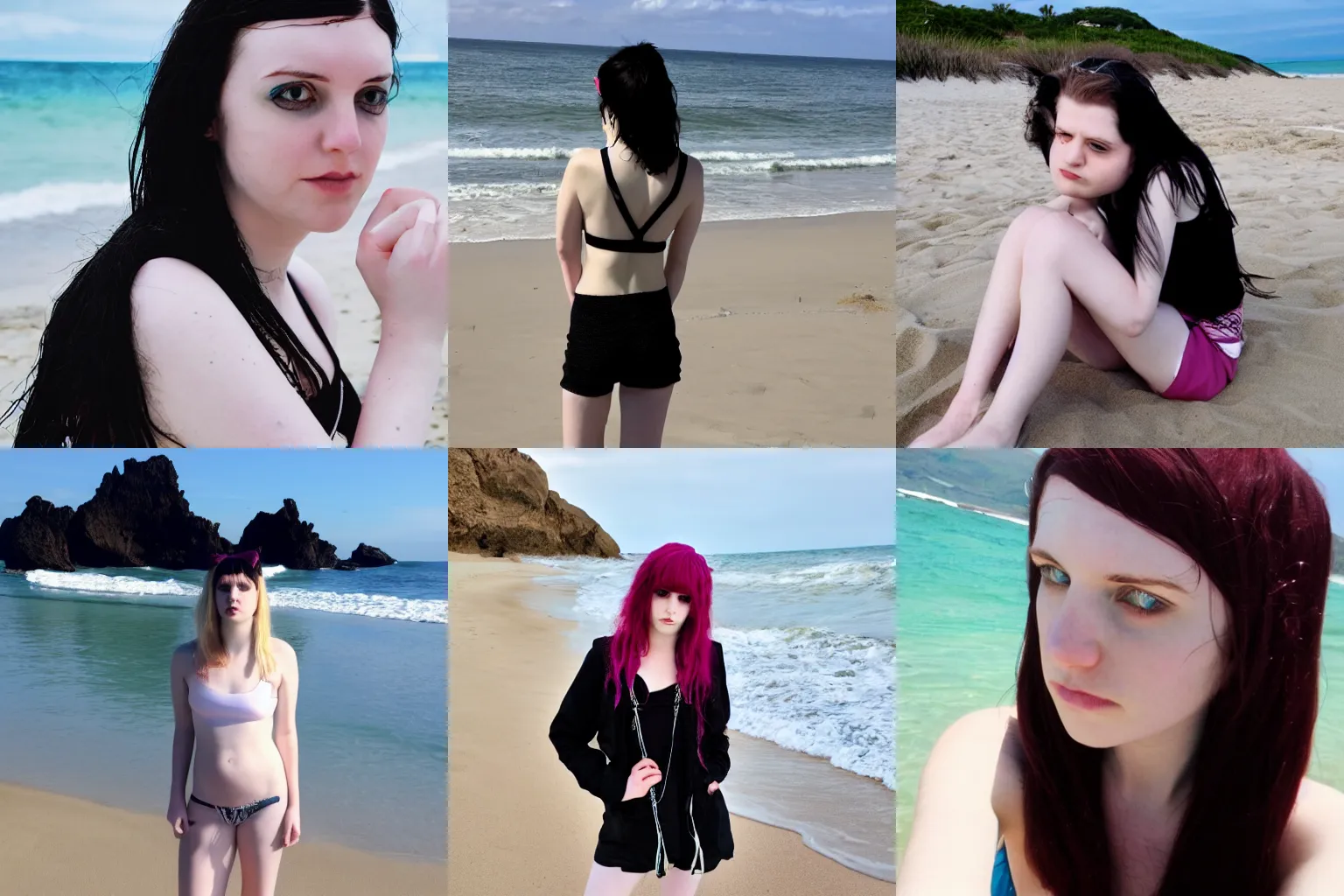 Prompt: pale emo girl annoyed at being on the beach