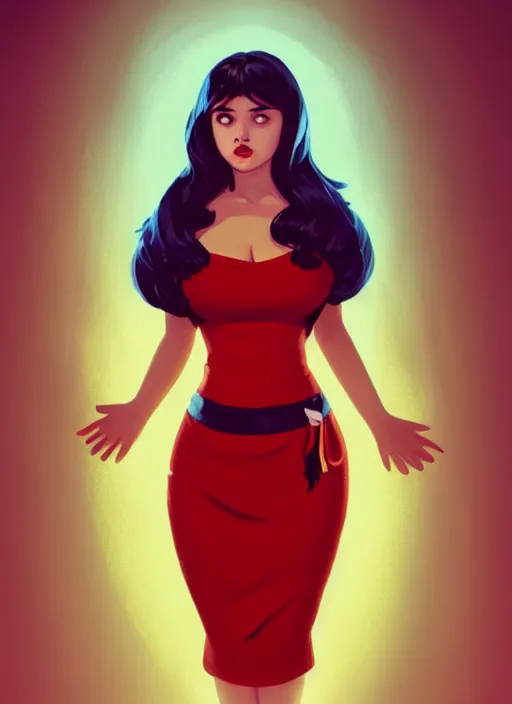 Image similar to full body portrait of teenage veronica lodge, obese, bangs, sultry, realistic, sultry smirk, wavy hair, red skirt, fat, belly, intricate, elegant, glowing lights, highly detailed, digital painting, artstation, concept art, smooth, sharp focus, illustration, art by wlop, mars ravelo and greg rutkowski