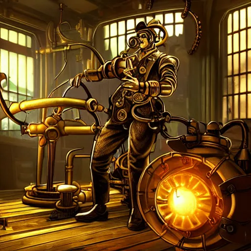 Prompt: a steampunk artificer working in his workshop, bioshock steampunk, scifi