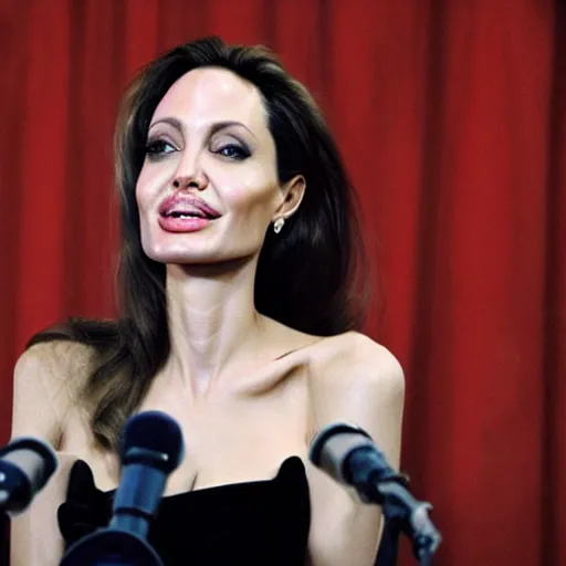 Image similar to oil painting of angelina jolie holding a press conference to announce herself as the director and star of the new batman movie. hollywood, 2 0 0 4.