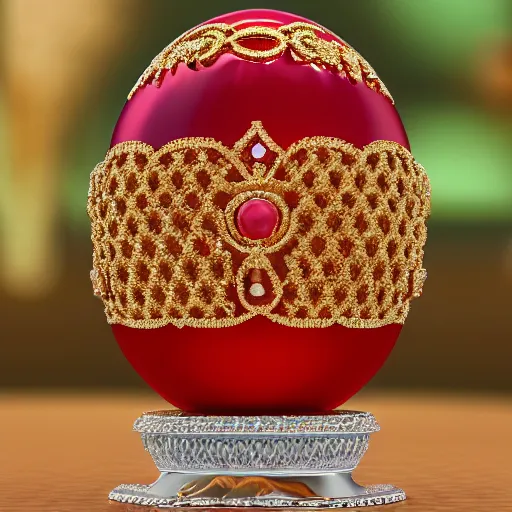 Prompt: photorealistic visualization of Faberge egg epic gold and silver filigree of red diamond luminous stone, 8K, 3D,