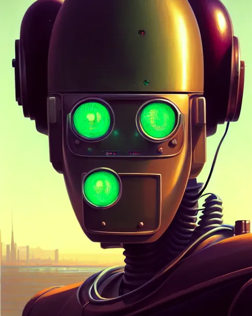 Prompt: hyper - realistic portrait of a vintage robot, green eyes, gta v cover art, celshading, sharp focus, intricate, detailed, by rhads, andreas rocha, makoto shinkai, lois van baarle, ilya kuvshinov and greg rutkowski, by greg rutkowski, dynamic lighting, sharp focus, grunge aesthetic, 8 k