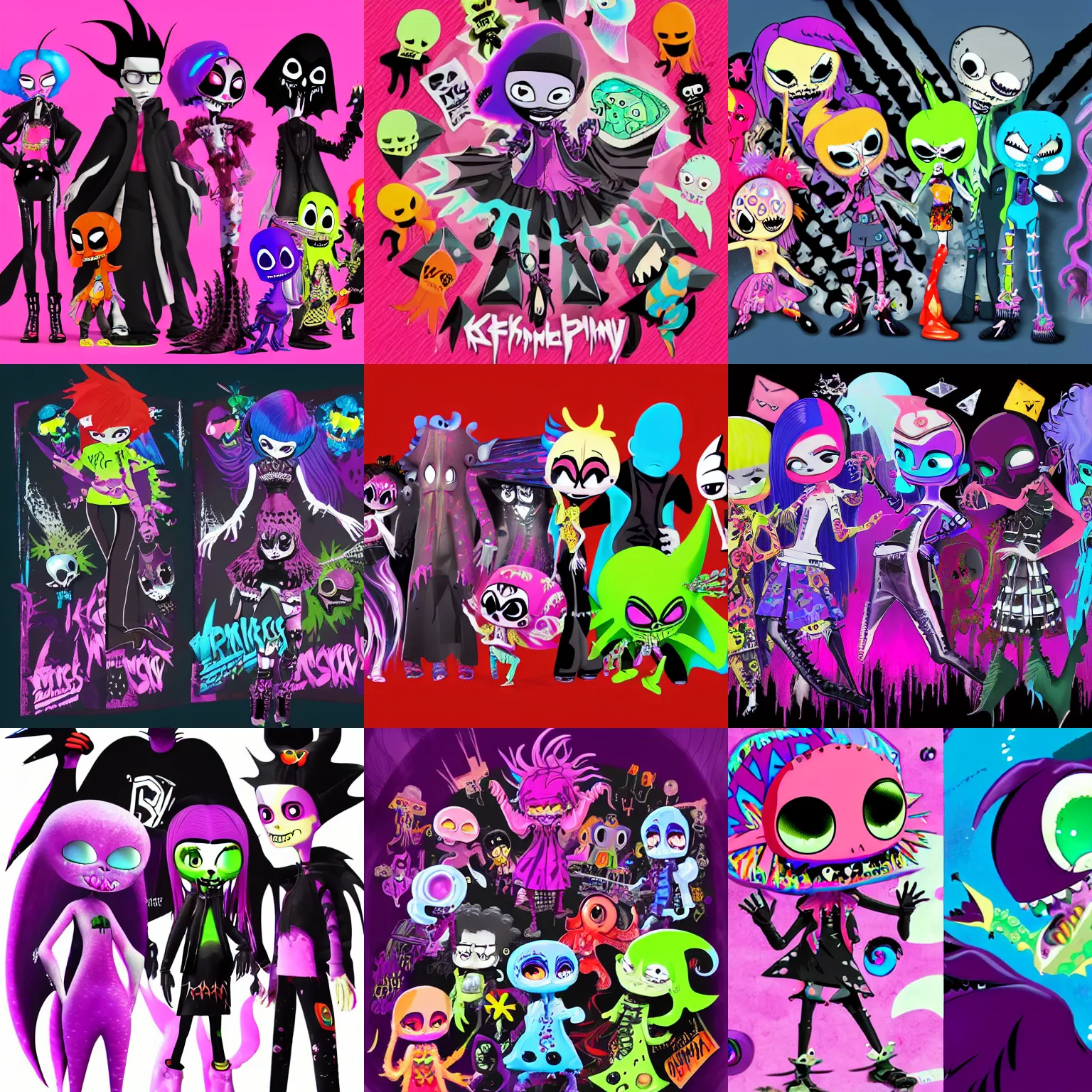 Prompt: lisa frank gothic emo punk vampiric rockstar vampire squid with translucent skin concept character designs of various shapes and sizes by genndy tartakovsky and the creators of fret nice at pieces interactive and splatoon by nintendo for the new hotel transylvania film starring a vampire squid kraken monster