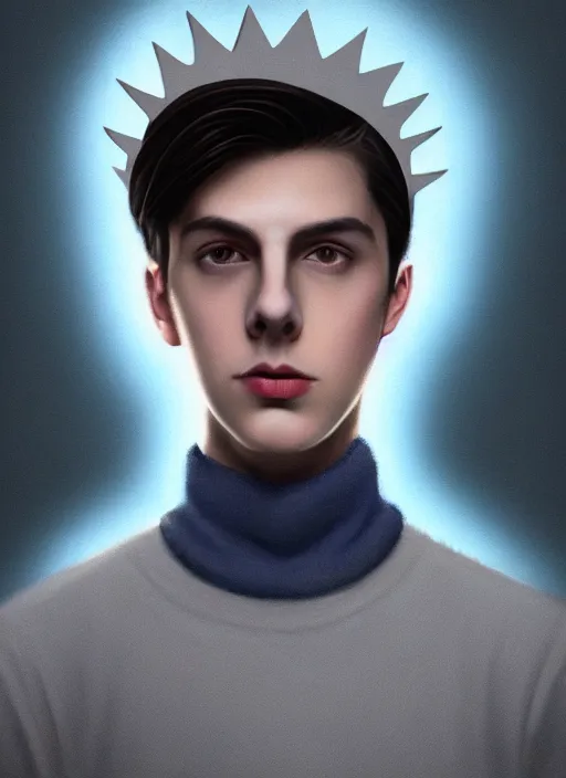 Image similar to portrait of teenage jughead jones wearing a light grey crown, crown, blue turtleneck, 1 9 5 0 s, closed eyes, photorealistic, black hair, glowing lighting, intricate, elegant, glowing lights, highly detailed, digital painting, artstation, concept art, smooth, sharp focus, illustration, art by wlop, mars ravelo and greg rutkowski