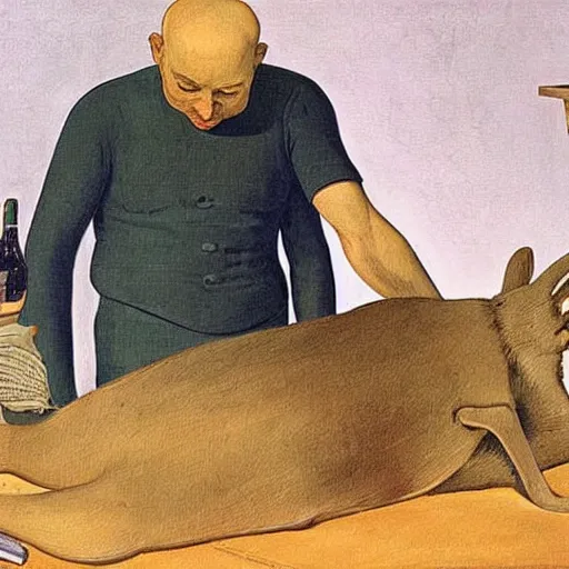 Image similar to A large rabbit performing an autopsy on a man lying on a metal table, painting by Rockwell Kent