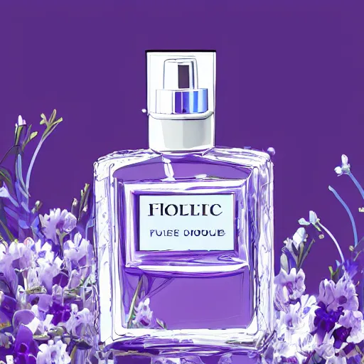 Image similar to perfume bottle surrounded by artistic, blurred blue and lilac flowers, white background, simple path traced, environment, sephora, dior