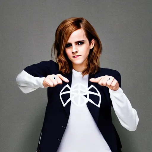 Prompt: Photo of Emma Watson cosplaying as spidergwen and doing a peace symbol with her hand. High quality DSLR photoshoot.