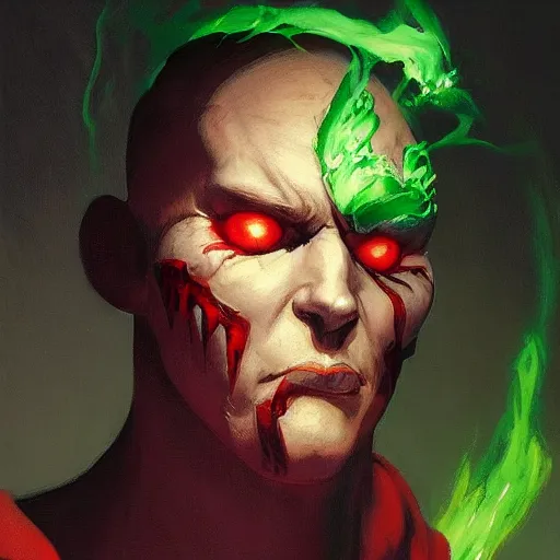 Image similar to 4k headshot portrait of Spawn from Macfarlane comics , killing with green fire by Craig Mullins, ilya kuvshinov, krenz cushart, epic , artgerm trending on artstation by Edward Hopper and Dan Mumford and WLOP and Rutkovsky, beksinski carl spitzweg moebius and tuomas kocar, intricate artwork by caravaggio, Unreal Engine 5, Lumen, Nanite , 4K headshot of godlike clown with defined arms and open hands and bloody clothes with giant mandala wings , intricate face , flawless anime cel animation by Kentaro Miura, psychedelic , highly detailed upper body , professionally post-processed , beautiful, scary, symmetry accurate features, epic, octane rendered, anime masterpiece, accurate