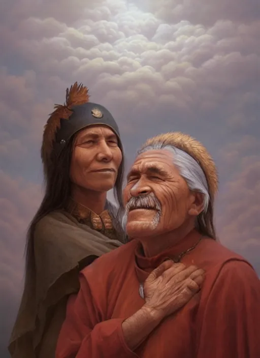 Image similar to portrait of an indigenous grandfather and grandmother in the clouds, smiling, protection, benevolence, ancestors, art by christophe vacher