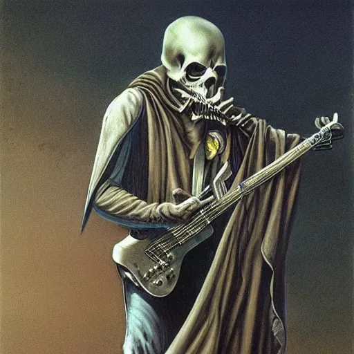 Image similar to the grim reaper playing in a heavy metal band, live on stage, photorealism, by Wayne Barlowe