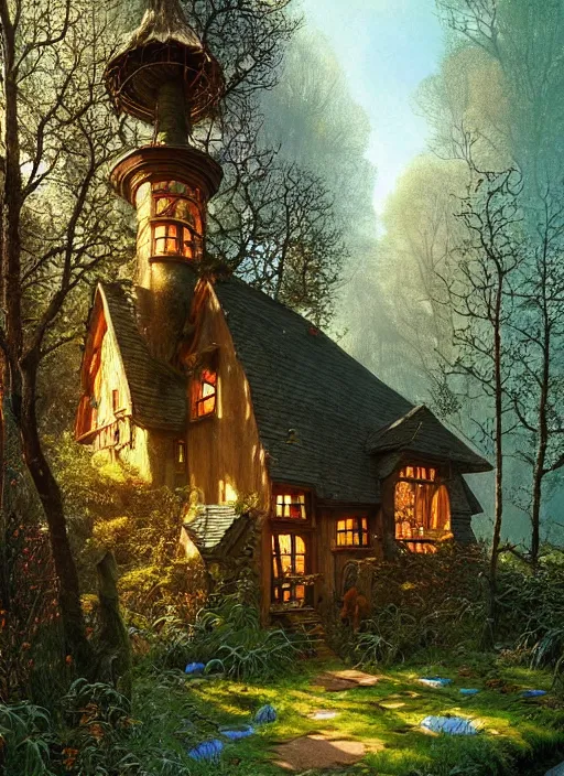 Image similar to hyper realistic homely ornate modern witch cottage distant down a path in the woods gorgeous lighting, blue sky, highly detailed, lush forest by zdzisław beksinski and norman rockwell and greg rutkowskiweta studio, and lucasfilm