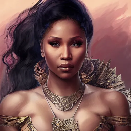 Image similar to nicki minaj in game of thrones, highly detailed digital painting, artstation, concept art, smooth, sharp focus, illustration, art by artgerm and greg rutkowski and alphonse mucha