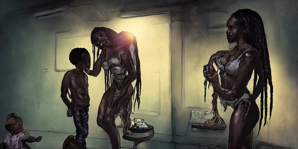 Prompt: ( predator alien ) staying with ( bottle of hennessy ) in ghetto projects with ( old black woman and her gangsta kid ). cold light, cinematic colors, high detail