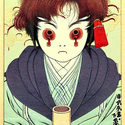 Image similar to prompt : portrait of yokai character painted in miyazaki color style drawn by katsuhiro otomo and takato yamamoto, inspired by fables, china doll face, smooth face feature, intricate oil painting, high detail, sharp high detail, manga and anime 2 0 0 0