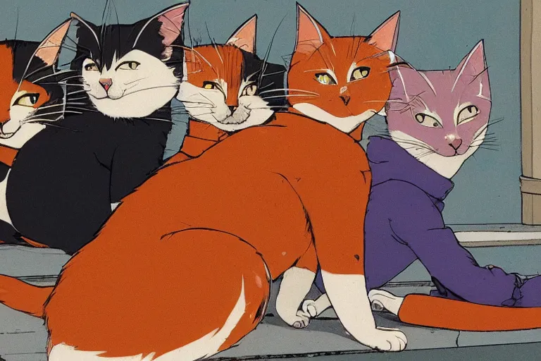 Image similar to four happy stray cats, lounging about and looking at the camera, urban setting, whimsical, trending on artstation, animation still by Hayao Myazaki and Moebius