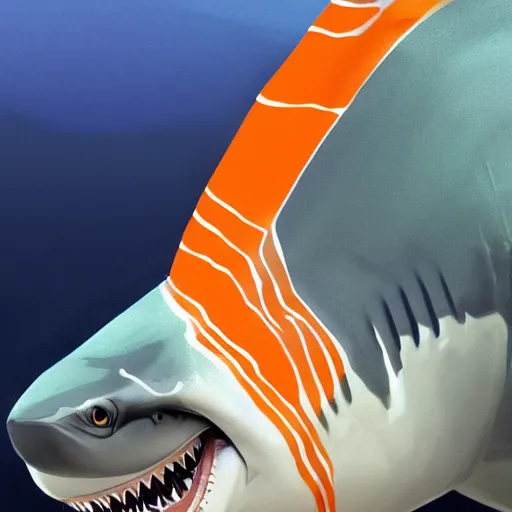 Image similar to great white shark tiger shark, side view, with a silver and orange striped traffic cone construction cone on its dorsal fin, ocean background detailed atmospheric - ron cheng & alphonse mucha, highly detailed, digital painting, ray tracing, concept art, illustration, smooth sharp focus, intricate, symmetry, artstation,