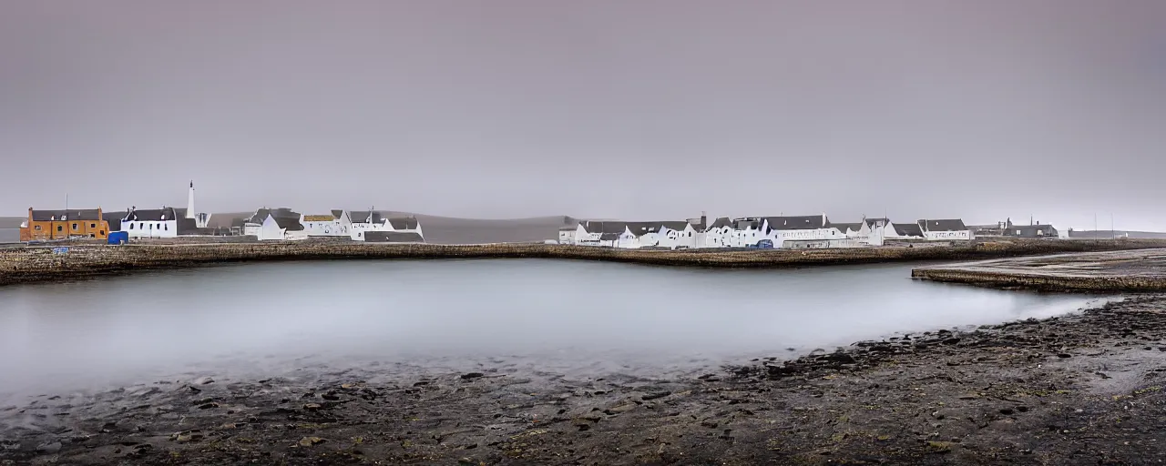 Prompt: a color landscape photograph of the harbour at Stromness orkney, by Vanda Ralevska, wide angle, background blur ethereal, fog, quiet, tranquil, light, high-key