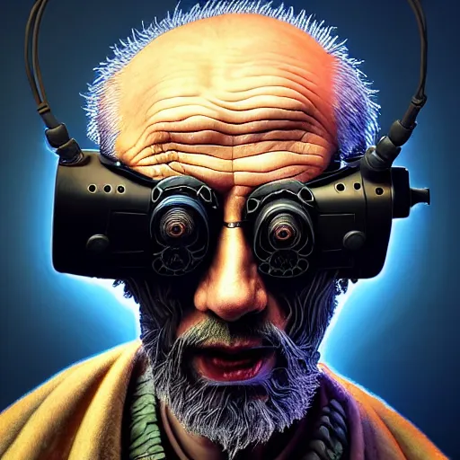 Image similar to Colour Caravaggio style Photography of 1000 years old man with highly detailed 1000 years old face wearing higly detailed cyberpunk VR Headset designed by Josan Gonzalez Many details. . In style of Josan Gonzalez and Mike Winkelmann andgreg rutkowski and alphonse muchaand Caspar David Friedrich and Stephen Hickman and James Gurney and Hiromasa Ogura. Rendered in Blender