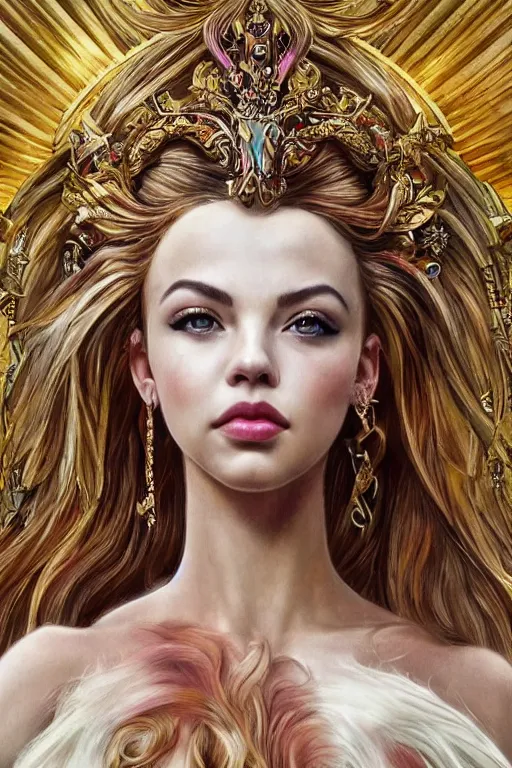 Image similar to ultra realistic illustration, a stunningly beautiful greek goddess of chaos in the throes of ecstasy played by jordyn jones and dove cameron and margot robbie and taylor swift and megan fox and natalie dormer, intricate, elegant, highly detailed, digital painting, artstation, concept art, smooth, sharp focus, illustration, art by artgerm and greg rutkowski and alphonse mucha