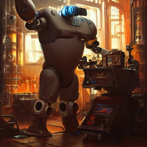 Image similar to portrait of an overweight cyborg barkeeper, robotic arms, ratz, neuromancer, bar background, painted by greg rutkowski, painted by igor kieryluk, high detail, dramatic light, digital art, trending on artstation