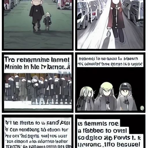 Prompt: comic drawn in pen, two panel meme, chito girls last tour, first panel contains speech bubble, fan art, anime,