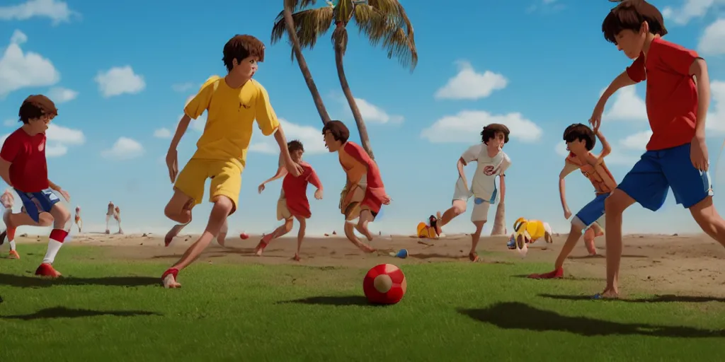 Image similar to a film still of a scene, where boys playing football, a sunny and colourful beach scene in santa monica, los angelos, the weather is very windy. narrow shot, low depth of field, wes anderson, studio ghibli, pixar and disney animation, sharp, rendered in unreal engine 5, anime key art by greg rutkowski, bloom, dramatic lighting