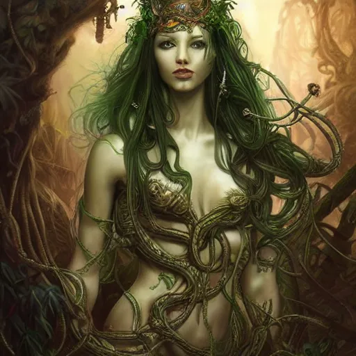 Image similar to beautiful a muse of beauty, medusa Vraska golgari queen, long flowing medusa hair, mostly green and leather pirate armor, young female face, vine like plants and jungle background, cinematic top lighting, insanely detailed and intricate, face by wlop, Charlie Bowater, golden ratio, symmetric, elegant, ornate, luxury, elite, matte painting, MTG, magic the gatheing, cinematic, cgsociety, 8k, high resolution,