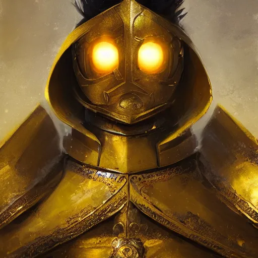 Prompt: A fancy portrait of a yellow medieval Holy Knight by Greg Rutkowski, Sung Choi, Mitchell Mohrhauser, Maciej Kuciara, Johnson Ting, Maxim Verehin, lolish, 4k photorealistic, volumetric lighting, HD, high details, dramatic, trending on artstation