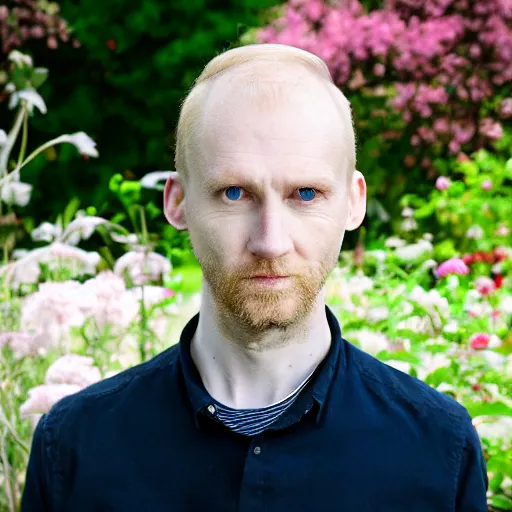 Prompt: photographic portrait of an English man, 37 years old, short golden blonde hair, balding, blue-green eyes, very pale white skin, an earring on left ear, very thin lips, smirking, posing in a garden, under bright sunlight