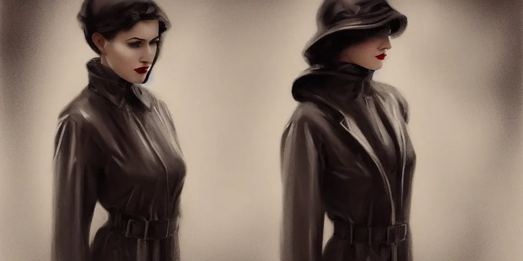 Prompt: ( ( ( ( woman of 2 0 s decade of xx century ) ) ) ) dressed in raincoat, female, clear face, feminine, upper body, highly detailed, digital painting, dark atmosphere, lynchian atmosphere, film noir style, artstation, concept art, matte, sharp focus, illustration, art by artgerm and greg rutkowski and alphonse mucha