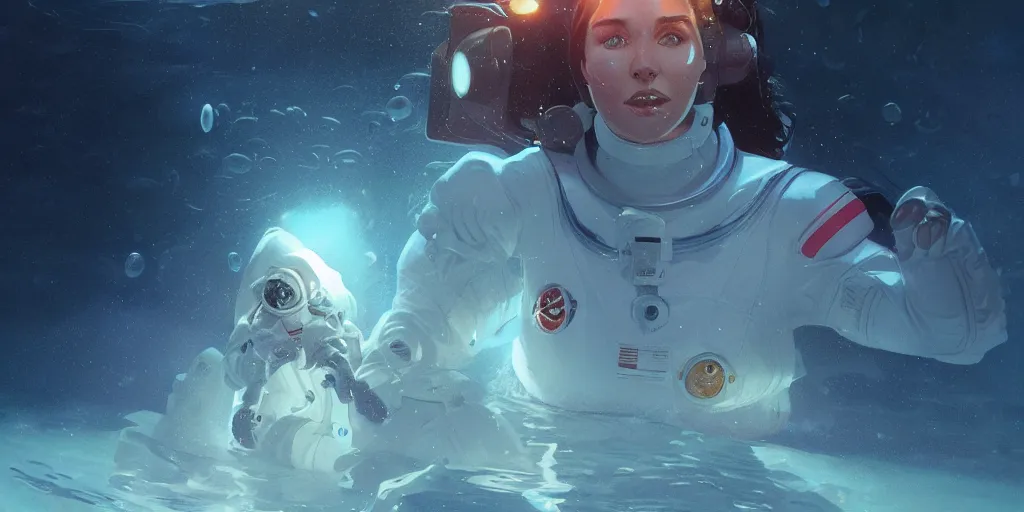 Image similar to woman astronaut underwater in the ocean at night, volumetric lighting, glowing lights, 4k, octane, digital painting, artstation, concept art, sharp focus, illustration, art by artgerm and greg rutkowski and alphonse mucha