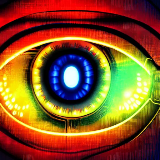 Prompt: cybernetic android eye, 8k resolution digital painting cinematic lighting by Jason Felix Steve Argyle Tyler Jacobson neon glow backdrop soft bokeh