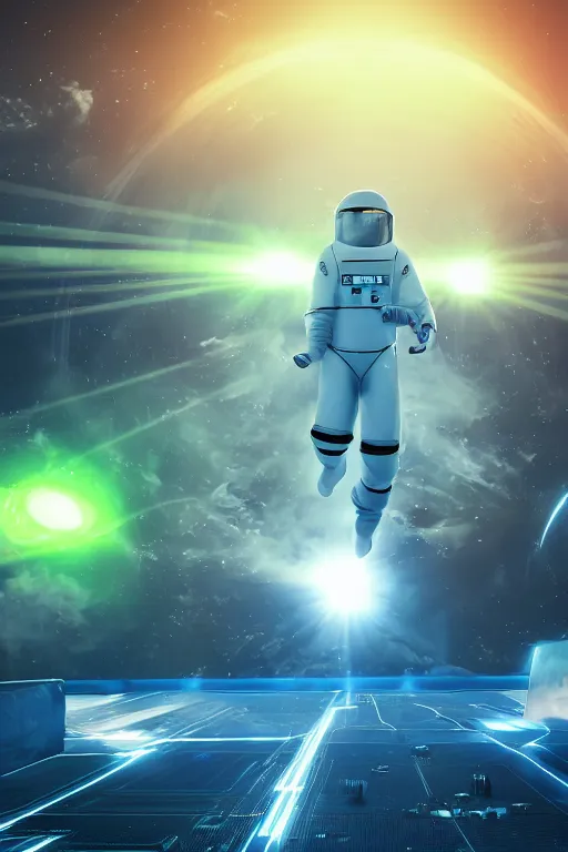 Image similar to wide view of futuristic spacemen firing lasers in zero gravity, floating, in the sky, bright white light, hiding behind obstacles, surrounded by a square laser grid, unreal engine, lensflares, low perspective, fish eye