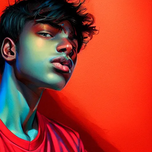 Prompt: colorful and festive captivating teenager with straight brown hair covering his eye, dark skin, big lips, wearing a red t - shirt. rich vivid colors, ambient lighting, dynamic lighting, 4 k, atmospheric lighting, painted, intricate, highly detailed by charlie bowater