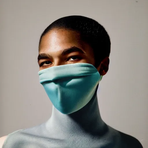 Image similar to realistic photoshooting for a new balenciaga lookbook, color film photography, portrait of a beautiful woman, model is wearing a balaclava mask, in style of tyler mitchell, 3 5 mm,