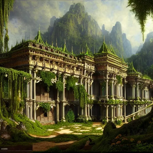 Prompt: a beautiful and highly detailed matte painting of an epic palace in a magical fantasy garden in a lush forest in the mountains, intricate details, epic scale, insanely complex, hyperdetailed, artstation, cgsociety, 8 k, sharp focus, hyperrealism, by caspar friedrich, albert bierstadt, james gurney, brian froud,