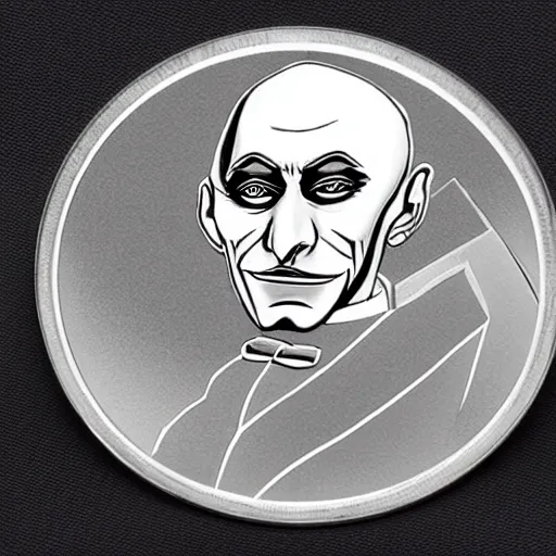 Prompt: a new coin design featuring a portrait of Count Chocula. shiny silvery mirror surface