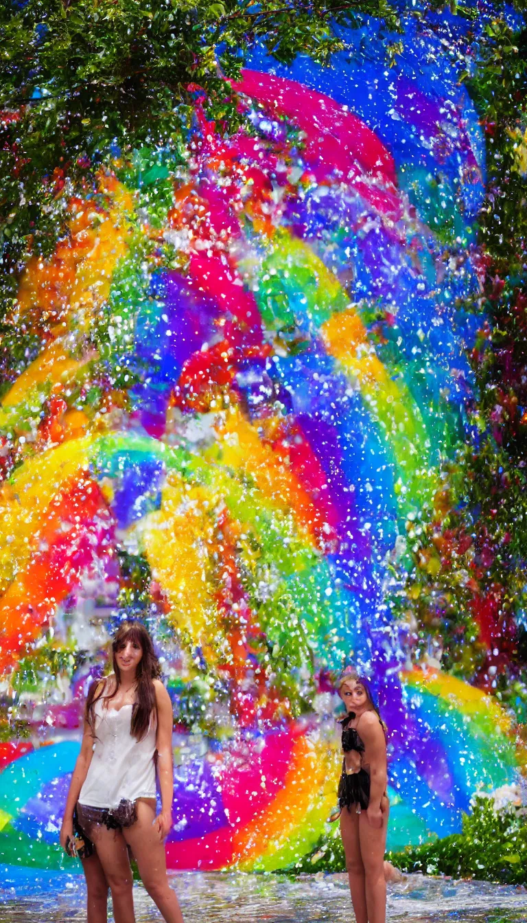 Image similar to Beautiful girl under the rainbow fountain,