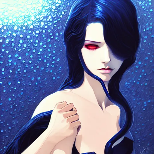 Prompt: beautiful seductive snake - girl, in the rain, highly detailed, painting, dark blue and black color palette, intricate, high quality anime artstyle, in the style of ilya kuvshinov