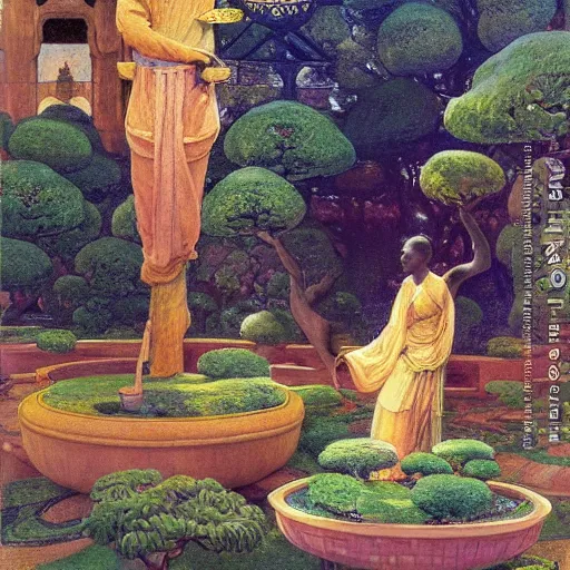 Image similar to Old African gardener cutting bonsai trees, isyllic Garden, by Annie Swynnerton and Nicholas Roerich and jean delville, glowing paper lanterns, strong dramatic cinematic lighting , ornate tiled architecture, lost civilizations, smooth, sharp focus, extremely detailed