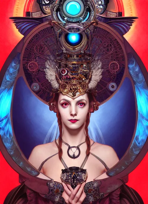 Prompt: the goddess artemis smirking with mechanical owl perched on her shoulder, steampunk, glowing eyes, volumetric lights, red and cyan theme, art nouveau botanicals, intricate, highly detailed, digital painting, artstation, concept art, smooth, sharp focus, cinematic, illustration, beautiful face, art by artgerm and greg rutkowski and alphonse mucha