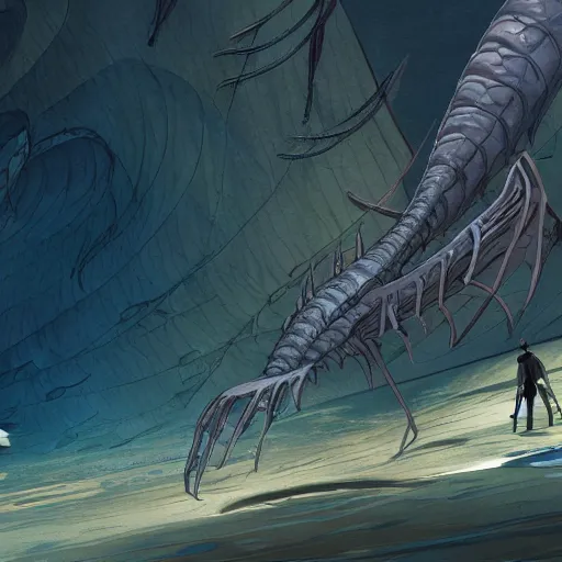 Image similar to concept art painting of cambrian life prehistoric sea creatures, detailed, cel shaded, in the style of makoto shinkai and moebius and james gurney