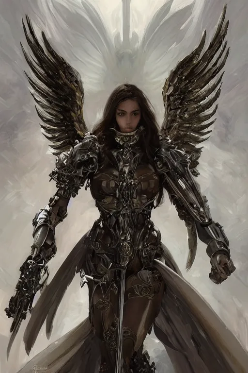 Image similar to a professional painting of a beautiful archangel woman, warhammer style , olive skin, long dark hair, beautiful bone structure, symmetrical facial features, intricate, elegant, digital painting, concept art, smooth, sharp focus, illustration, from Metal Gear, by Ruan Jia and Mandy Jurgens and Artgerm and William-Adolphe Bouguerea