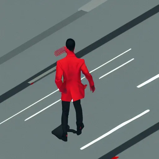 Image similar to isometric!!! view of a man with a red jacket from his behind. walking towards a red futuristic motorbike on a wide road. pencil drawing, photo realistic, hyper realistic, dramatic lighting, cyberpunk, ultra detailed, sharp focus, wide angle, digital illustration, trending on artstation