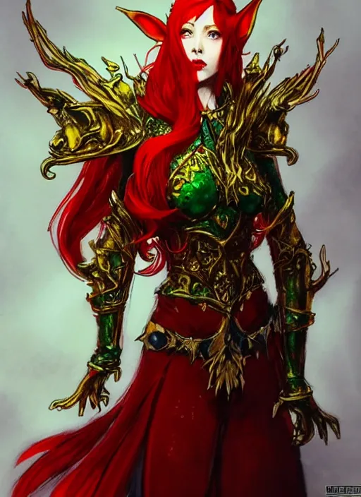 Image similar to Full body portrait of a beautiful red haired elven queen wearing red, green and gold queen dress and elaborate golden crown, bored look. In style of Yoji Shinkawa and Hyung-tae Kim, trending on ArtStation, dark fantasy, great composition, concept art, highly detailed.