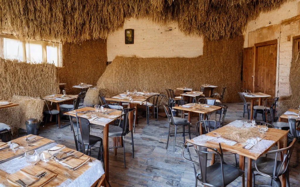 Prompt: a restaurant in the rocks with the floor covered with carpets, in the center there is a bale of hay used as a set table