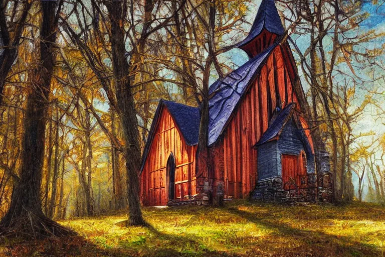 Image similar to wooden church in the forest, very detailed, focused, oil painting, colorful, canvas, artstation, Vsevolod Ivanov